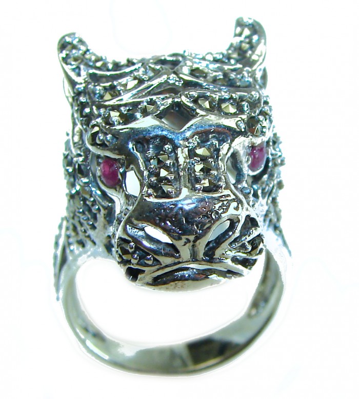 Cheetah authentic Ruby .925 Sterling Silver handmade Statement Ring s. 8 3/4 - Cheetah ring with ruby eyes, detailed front view, sterling silver.