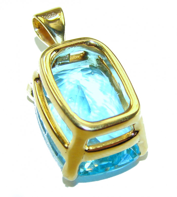 Atlantica baquette cut 10.9 carat Swiss Blue Topaz 18K Gold over .925 Sterling Silver Handcrafted Pendant - Close-up of 10.9 carat Swiss Blue Topaz in 18K gold setting.