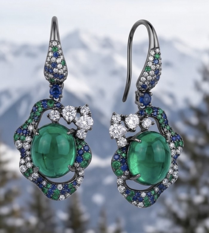 Tiffany - Authentic 10.5 CARAT Siberian Chrome Diopside black rhodium .925 Sterling Silver handcrafted earrings - Close-up of Tiffany Siberian Chrome Diopside earrings with gemstones