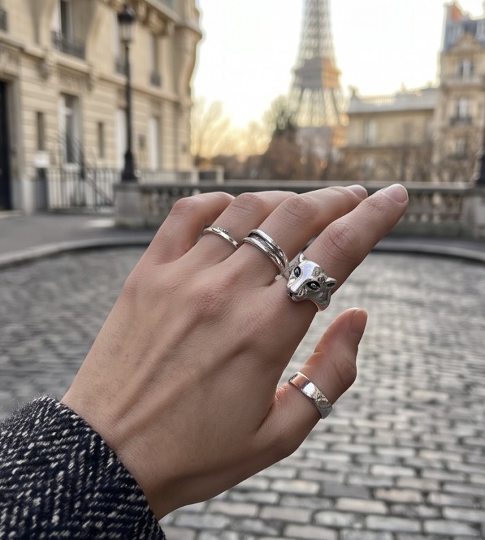 Cheetah .925 Sterling Silver handmade Statement Ring s. 8 - Cheetah ring in sterling silver, worn on hand with Paris backdrop.