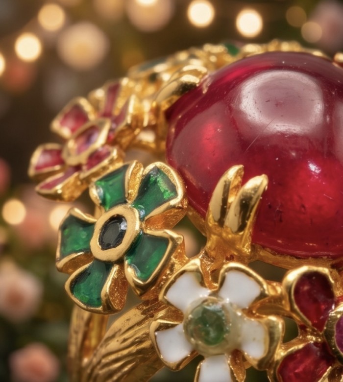 Blooming Garden Genuine 10.5 carat Kashmir Ruby enamel .925 Sterling Silver dipped in 22K Gold Large Statement Ring size 6 3/4 - Stone close-up of Blooming Garden 10.5 carat Kashmir Ruby with enamel.