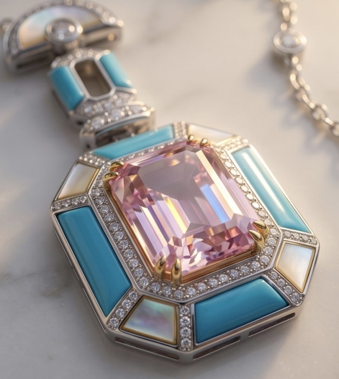 Emily - Art Deco - Precious genuine 8.4 carat Kunzite inlay Turquoise .925 Sterling Silver handcrafted necklace - Close-up of Art Deco necklace with 8.4 carat Kunzite and turquoise.