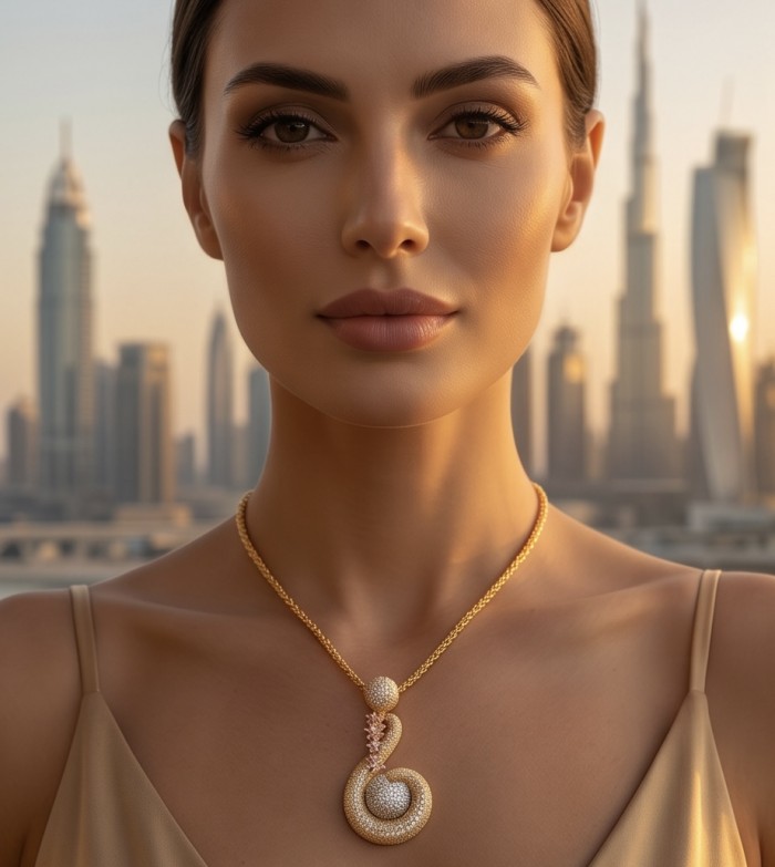 Dubai Style - Pure Luxury - pave 14.7 carat Moissanite .925 Sterling Silver dipped in 18K Gold handmade Statement necklace - Woman wearing luxe Moissanite necklace with Dubai skyline background.