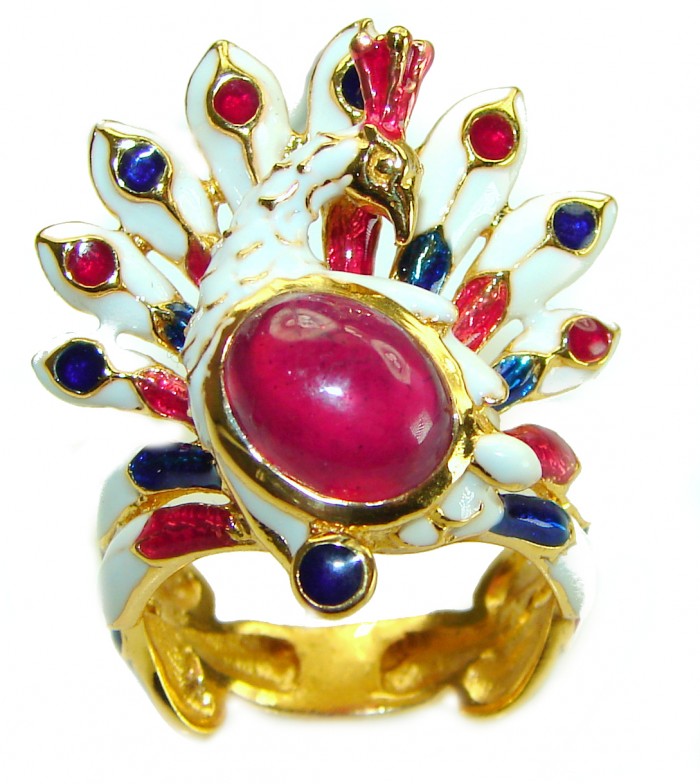 Graceful Peacock Enamel Ruby 18K Gold over .925 Sterling Silver Huge handcrafted Ring s. 7 3/4 - photo 2