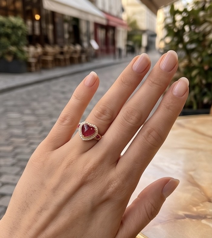 Enchanted Heart 6.9 carat natural Mozambique Ruby 22K Gold over .925 Sterling Silver Huge handcrafted Ring s. 7 adjustable - Ruby ring worn on hand, heart-shaped stone with gemstone detailing.