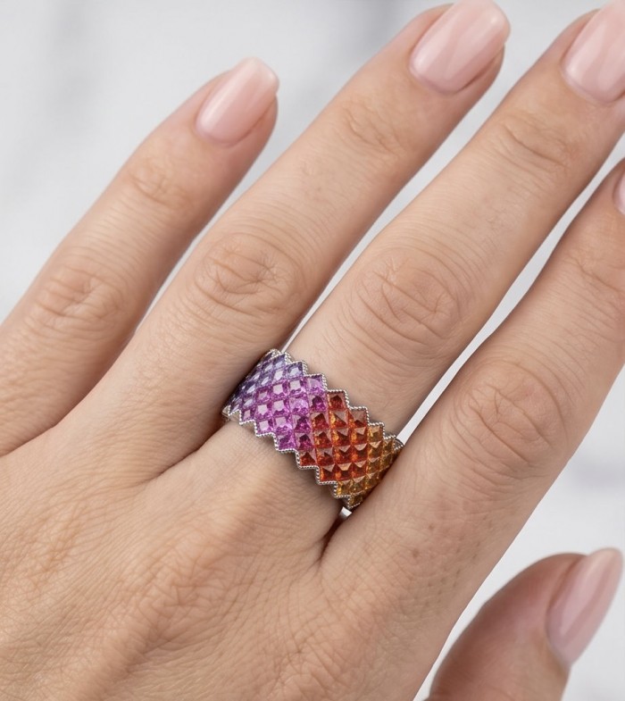 My own Rainbow - authentic 8.7 carat multigem .925 Sterling Silver Eternity Ring size 5 - Rainbow multigem ring worn on hand, side view.