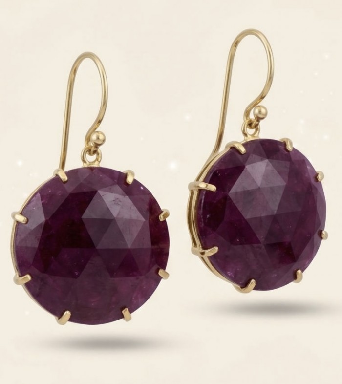 Giovanna Natural 12.4 carat Kasmir Ruby 18K Gold over .925 Sterling Silver handcrafted Statement earrings - Front view of Giovanna natural ruby earrings with gold hooks