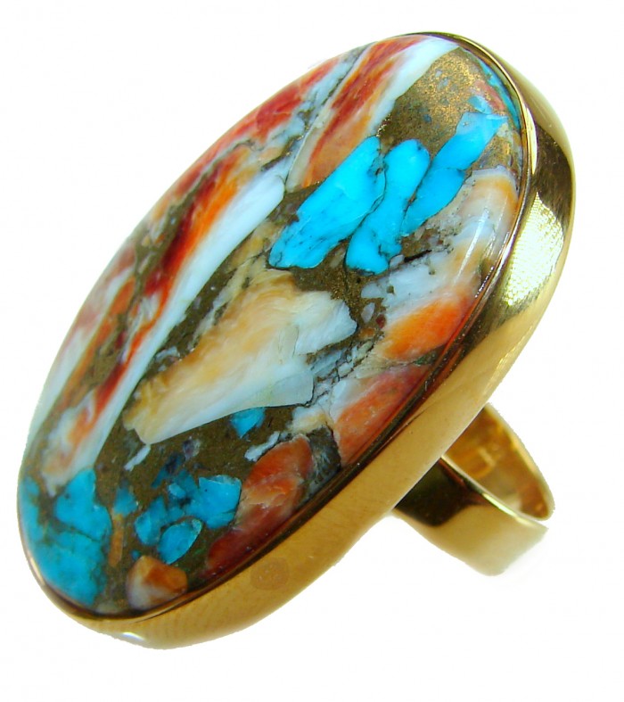 Rare 46.5 carat Oyster Turquoise 18K Gold over .925 Sterling Silver handcrafted Large ring; s. 8 adjustable - Side view of rare 46.5 carat Oyster Turquoise ring in 18K gold over silver.