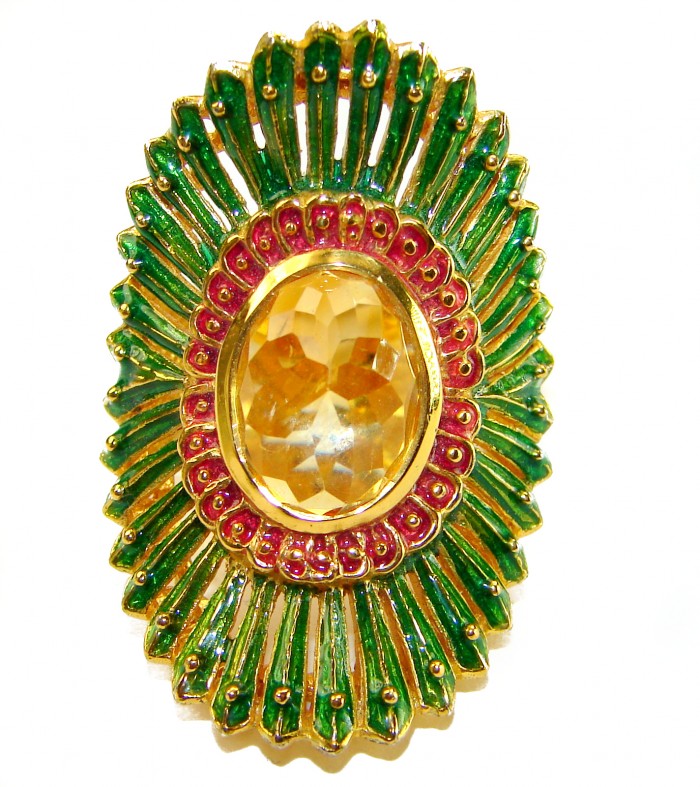 Paradise 10.5 carat Citrine green Enamel .925 Sterling Silver dipped in 18K Gold Handcrafted Huge Ring size 8 1/4 - Close-up of Paradise 10.5 ct Citrine green enamel sterling silver jewelry