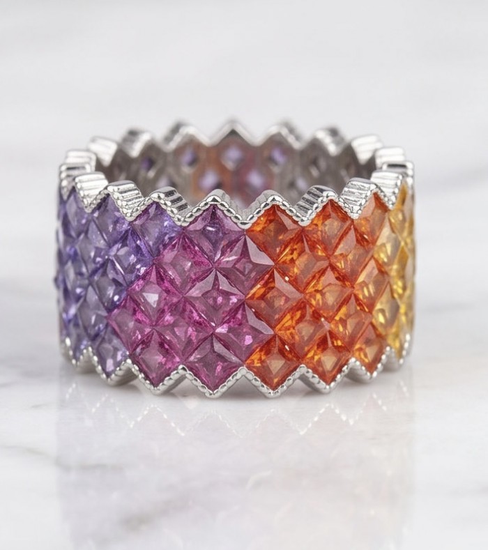 My own Rainbow - authentic 8.7 carat multigem .925 Sterling Silver Eternity Ring size 5 - Rainbow multigem ring, close-up showing colorful stone details.