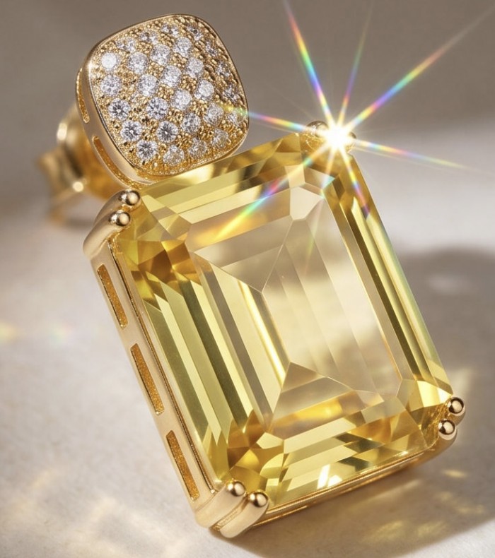 Stunning 27.8 carat Lemon Quartz 18K Gold over .925 Sterling Silver handcrafted Statement Earrings - Close-up of 27.8 carat Lemon Quartz in 18K Gold over Sterling Silver.