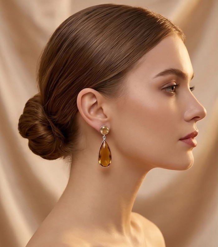 Alessandra 22.5 carat Champagne Smoky Topaz .925 Sterling Silver handmade Earrings - Side view of woman wearing Alessandra Champagne Smoky Topaz earrings.