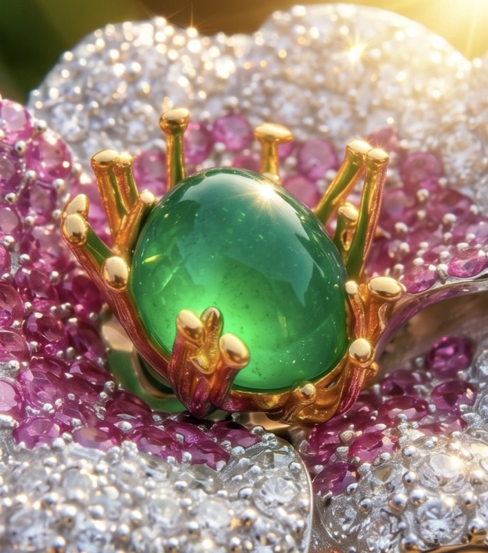 Dolce Vita Imperial Green Jadeite 2 tones .925 Sterling Silver dipped in rhodium handmade Cocktail Ring s. 7 - Stone close-up: Green jadeite in gold setting, pink and silver accents.