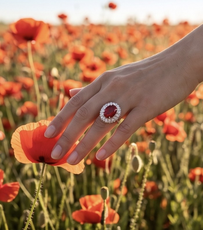 Scarlett 22.7 ctw Mozambique Ruby .925 Sterling Silver dipped in 18K WHITE Gold handcrafted Statement Ring size 5 - Ruby ring on hand in poppy field, showcasing stone with diamond halo.