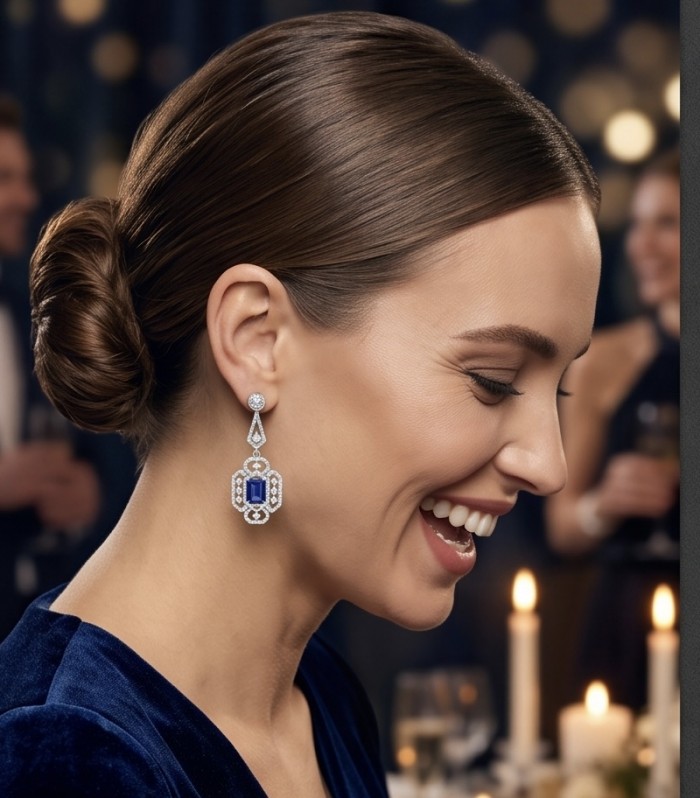 Oceania - 9.5 carat Sapphire .925 Sterling Silver dipped in Rhodium handmade Statement earrings - Side view of woman wearing Oceania sapphire earrings at an event