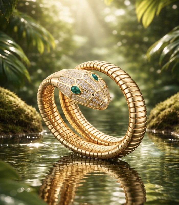 SERPENTINE Precious Snake Genuine 4.2 carat Emerald 925 Sterling Silver dipped in 18K Gold handcrafted Bracelet - Gold snake bracelet with emerald eyes in nature setting, side view.