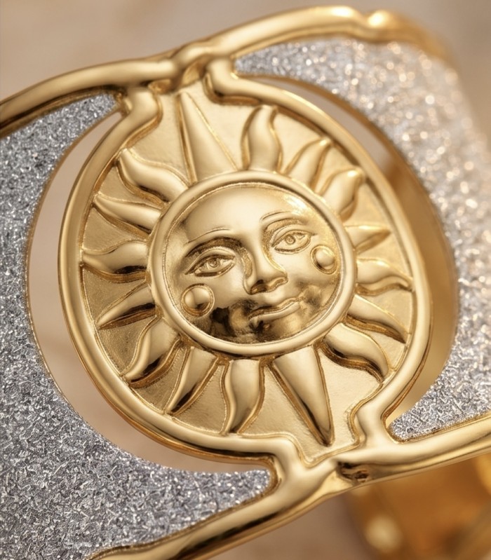 Renewal - Byzantine design Authentic Topaz 14K Gold over .925 Sterling Silver handcrafted Bracelet / Cuff - Gold sun face detail, close-up of Byzantine design in 14K gold and topaz.