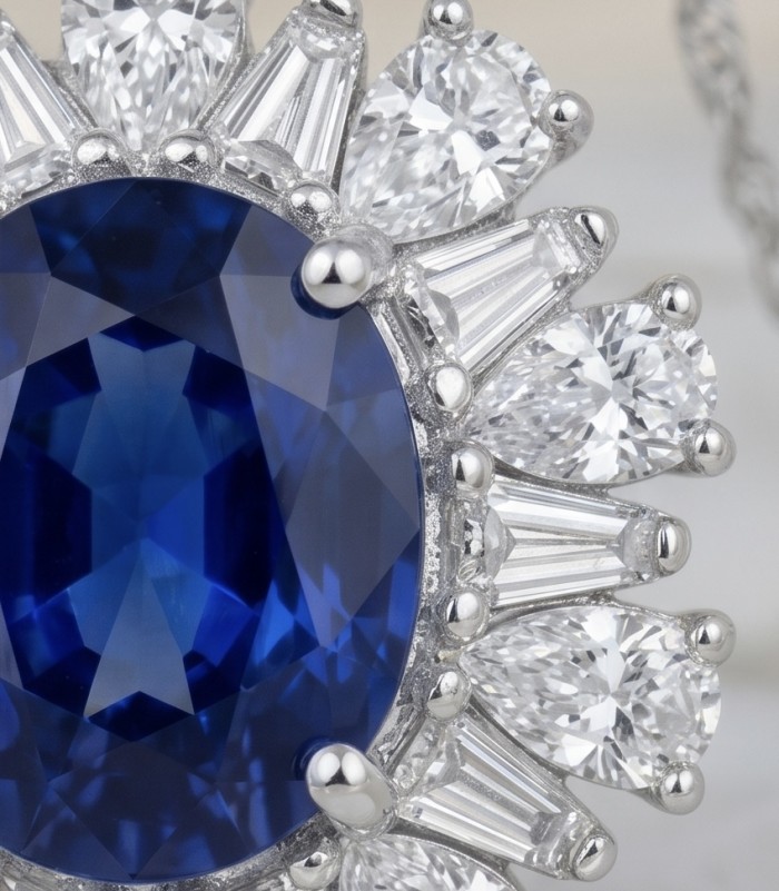 Authentic 8.5 carat Tanzanite .925 Sterling Silver handmade necklace - Close-up of Tanzanite ring with diamond accents in sterling silver.