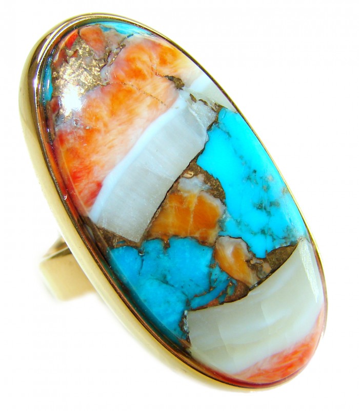 Rare 29.5 carat Oyster Turquoise 18K Gold over .925 Sterling Silver handcrafted Large ring; s. 7 adjustable - Close-up of rare 29.5 carat Oyster Turquoise ring in gold setting.