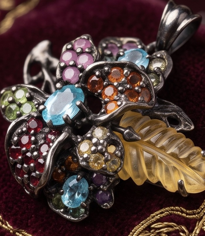 Catharina Luxurious Style Natural 27.8 carat carved Citrine black rodium over .925 Sterling Silver handmade Pendant - Close-up of Catharina pendant with carved Citrine and colorful stones.