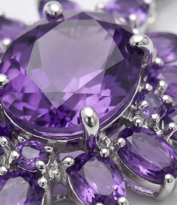 Authentic 12.5 carat Brazilian Amethyst rhodium over .925 Sterling Silver handcrafted Statement Pendant - Close-up of Brazilian amethyst in rhodium over .925 setting.