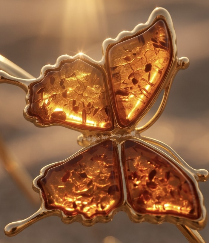Golden Butterfly Genuine carved Baltic Amber .925 Sterling Silver dipped in 18K Gold handamde Bracelet - Close-up of golden butterfly carved amber brooch in sunlight.