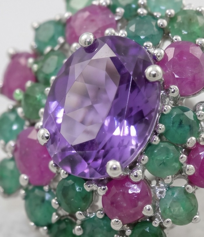 Francesca Genuine 8.9 carat Brazilian Amethyst rhodium over .925 Sterling Silver handcrafted Statement handcrafted earrings - Stone close-up of Francesca Amethyst with emerald and ruby accents.