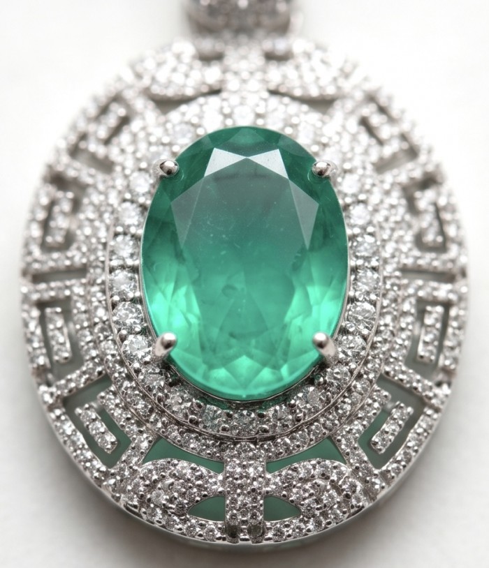 Colombian Briliance - oval cut 22.7 carat Emerald .925 Sterling Silver handcrafted necklace - Close-up of oval-cut emerald pendant with diamond accents