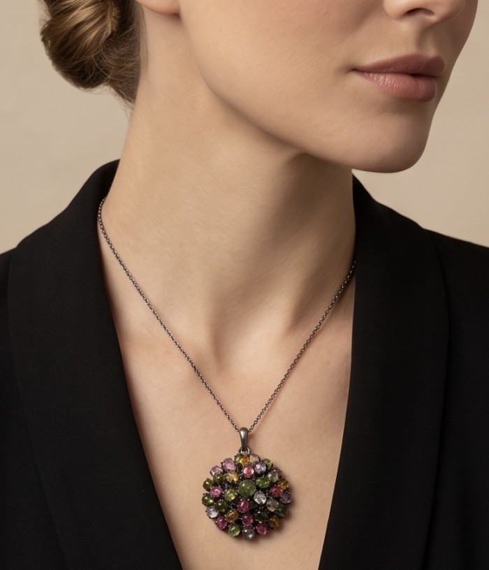 Rio de Janeiro 22.7 carat Brazilian Watermalon Tourmaline black rhodium over .925 Sterling Silver handmade Pendant - Woman wearing Rio de Janeiro watermelon tourmaline necklace, close-up view.
