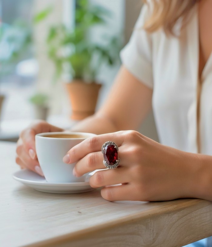 Red Power Authentic 25.4 carat Garnet .925 Sterling Silver brilliantly handcrafted large Statement Ring size 7 - Garnet ring worn on hand holding coffee, close-up view.