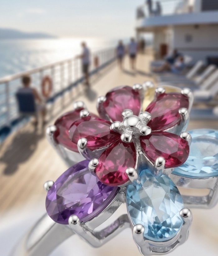 Flower 7.2 carat Multigem .925 Sterling Silver Handcrafted Ring size 10 - Close-up of flower multigem sterling silver ring on a ship deck.