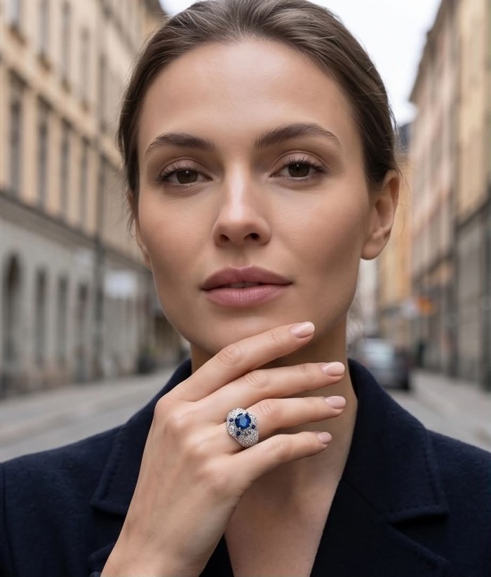 Blue Extravaganza 12.2 carat natural Sapphire .925 Sterling Silver Perfectly handcrafted Ring s. 7 - Sapphire ring worn on hand, street background, close-up.