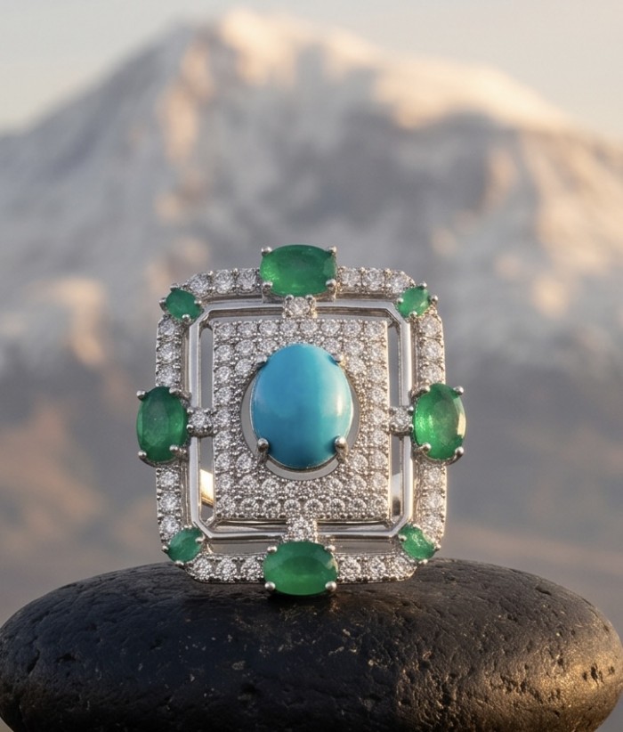 Art Deco - Pacifica - 18.4 carat Turquoise Emerald .925 Sterling Silver handmade Statement ring s. 8 adjustable - Close-up of turquoise and emerald Art Deco ring with mountain backdrop