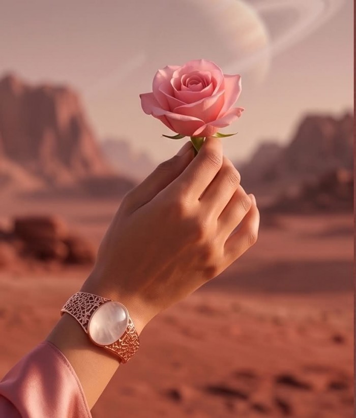 Vintage Beauty Genuine 35.2 carat Brazilian Rose Quartz Rose quartz 22K Rose Gold over .925 Sterling Silver handcrafted Bracelet / Cuff - Rose Quartz bracelet worn on hand holding a pink rose, desert background.