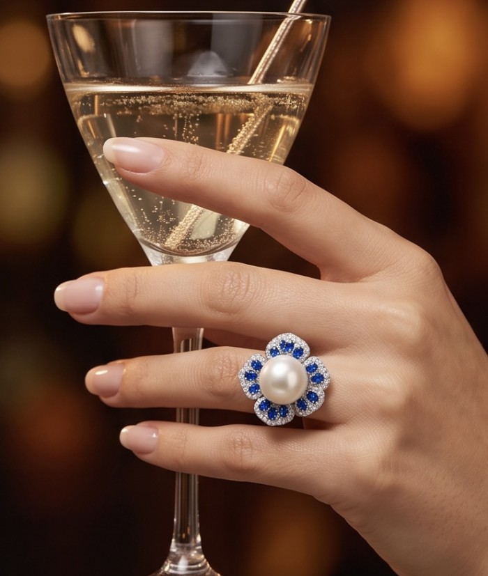 Luxurious Flower Large white Pearl 4.2 carat Sapphire Rhodium over .925 Sterling Silver brilliantly handcrafted ring s. 6 1/4 - Flower ring with pearl and sapphires, worn on hand holding a glass.