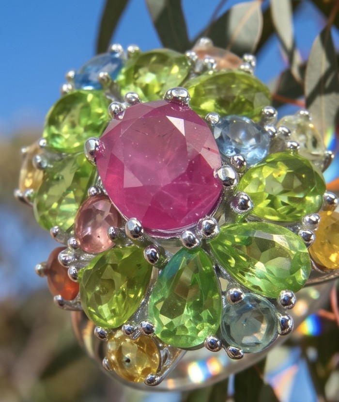 Blooming Garden 6.8 carat Mozambique Ruby 15.5 carat Peridot rhodium over .925 Sterling Silver handmade Statement Ring size 8 adjustable - Close-up of Blooming Garden ring with ruby and peridot stones