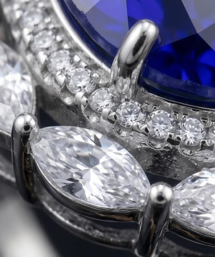 Precious Design oval cut 24.9 CARAT Tanzanite .925 Sterling Silver Statement Ring s. 5 1/4 - Stone close-up of oval cut tanzanite with diamond accents in silver setting.