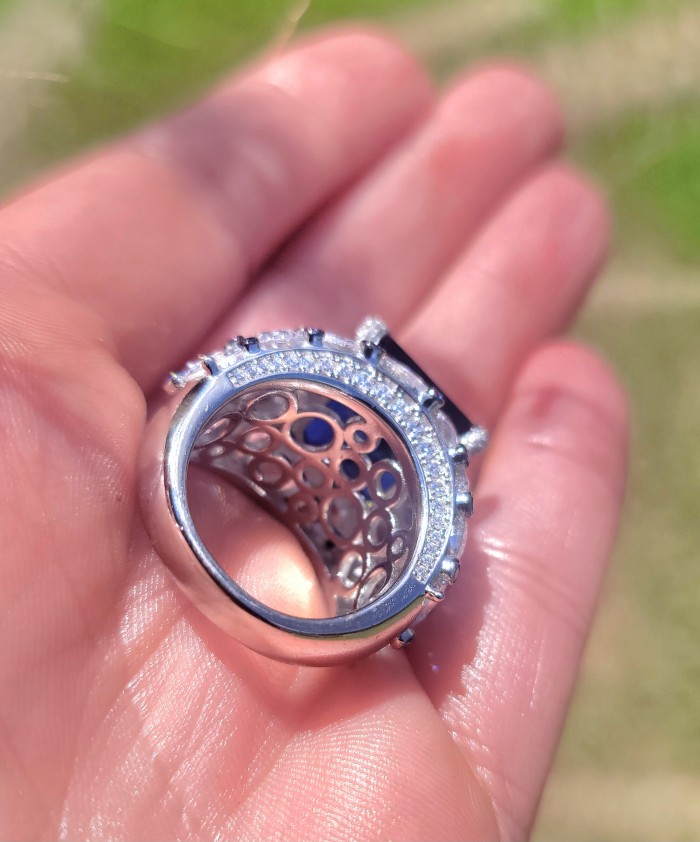 Blue Royalty 15.5 ctw natural Sapphire .925 Sterling Silver handcrafted large Statement Ring size 8 - photo 2