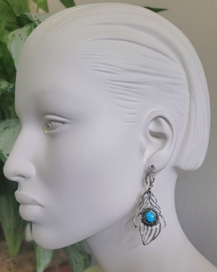 Peacock Feather design genuine Turquoise .925 Sterling Silver handcrafted Earrings - Side view of peacock feather design turquoise sterling silver earring.