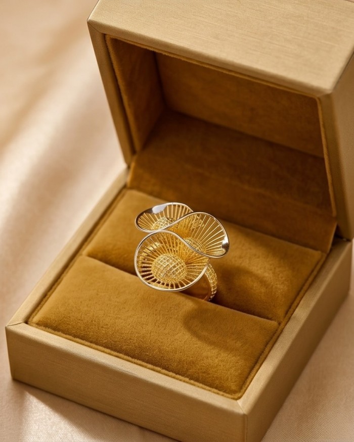 Dubai Style - .925 Sterling Silver dipped in 22K Gold handmade Large ring size 10 1/4 - Elegant 3D flower ring in gold, boxed, 3/4 angle view