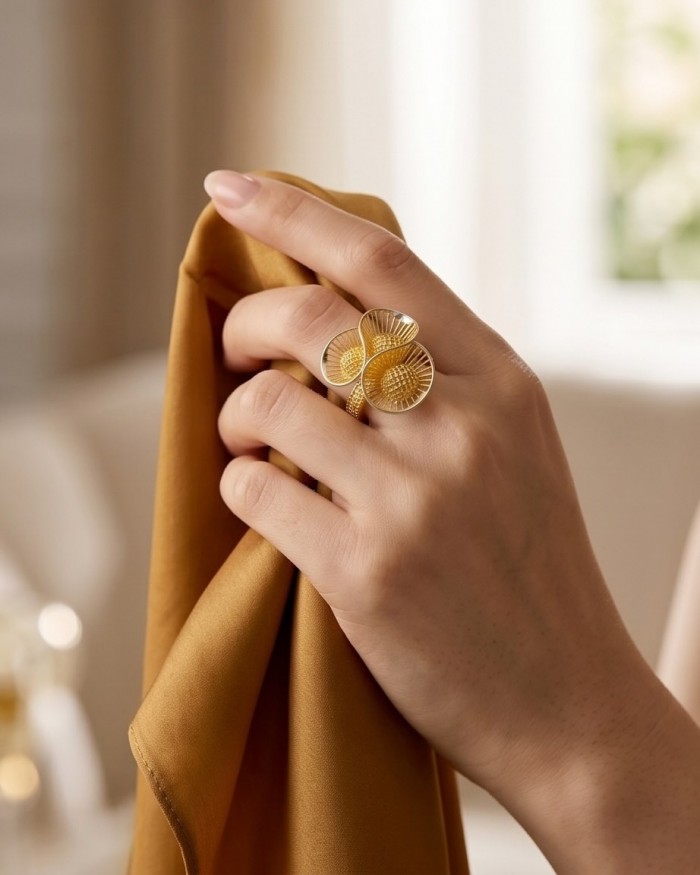 Dubai Style - .925 Sterling Silver dipped in 22K Gold handmade Large ring size 10 1/4 - Gold-plated sterling silver ring worn on hand with mustard fabric.