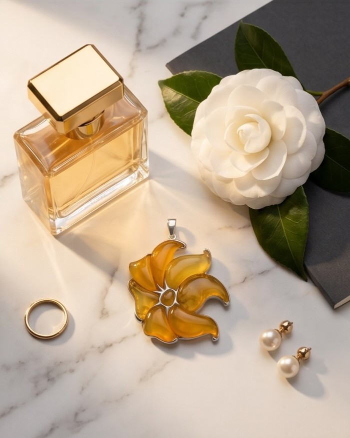 Golden Wild Lotus Natural Butterscotch Baltic Polish Amber .925 Sterling Silver dipped in rhodium handcrafted Pendant - Flat lay of jewelry with golden lotus pendant and perfume bottle.