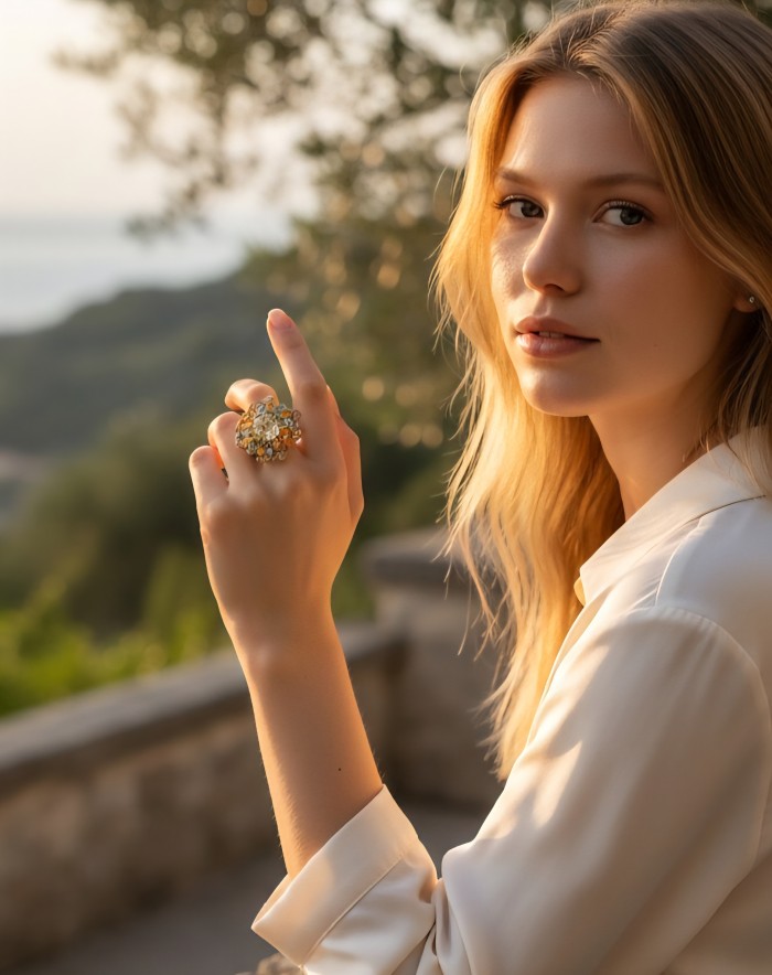 Mademoiselle - 25.7 carat Brazilian Citrine orange Sapphire rhodium over .925 Sterling Silver handcrafted Ring size 7 - Woman wearing Mademoiselle ring, close-up of hand with scenic background