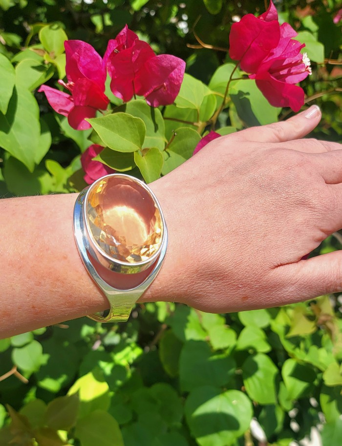 Simplicity 85.5 carat Genuine Lemon Quartz handcrafted .925 Sterling Silver Bracelet / Cuff - Worn on hand, Simplicity bracelet with 85.5 ct Lemon Quartz.