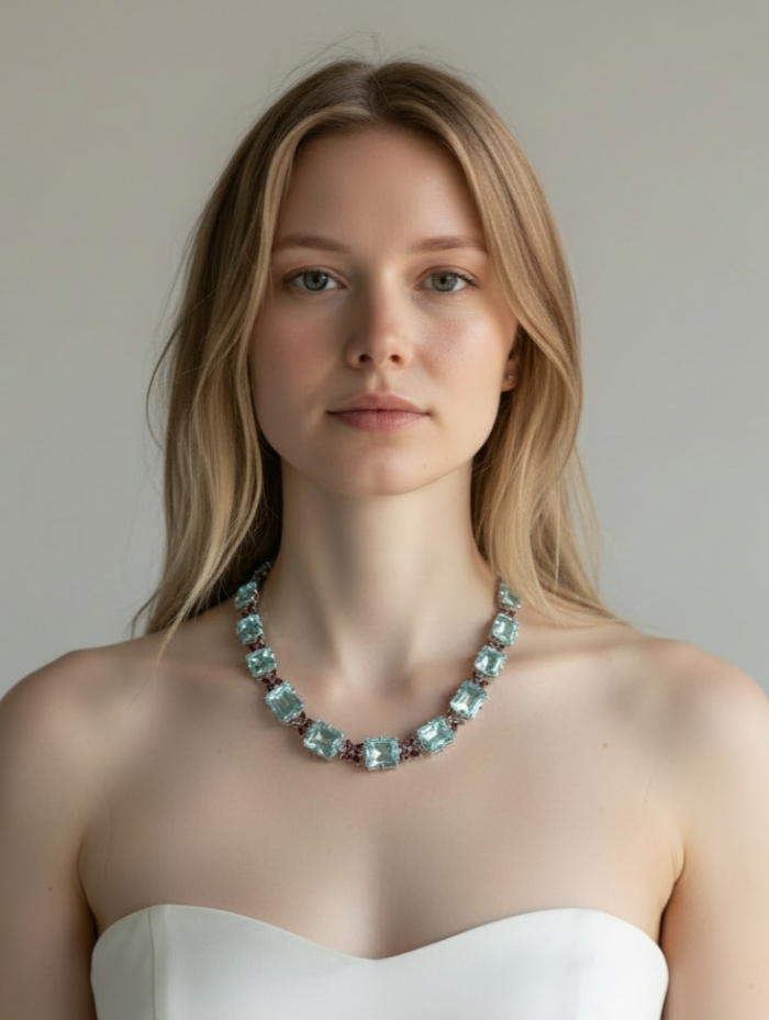 Giovanna Authentic 212.2 carat Aquamarine Watermelon Tourmaline .925 Sterling Silver handmade necklace - Model wearing Giovanna Aquamarine Watermelon Tourmaline necklace.