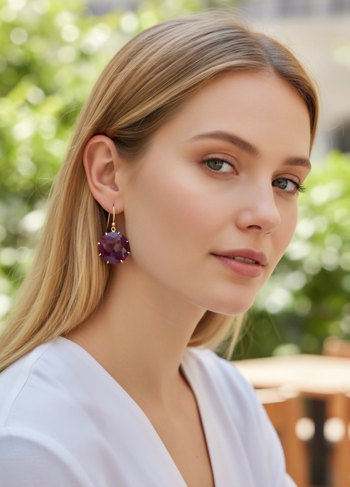 Giovanna Natural 12.4 carat Kasmir Ruby 18K Gold over .925 Sterling Silver handcrafted Statement earrings - Woman wearing 22.2 carat Kasmir Ruby earring, side view