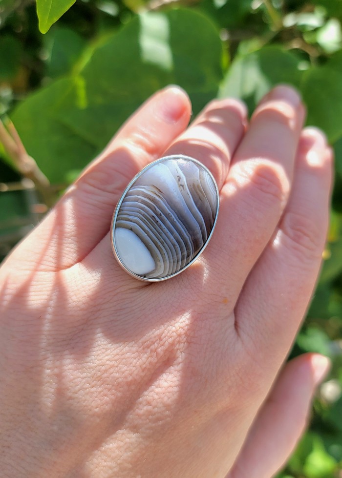 Top quality Botswana Agate .925 Sterling Silver handcrafted Ring s. 8 adjustable - Botswana Agate ring in .925 silver, worn on hand, close-up view.