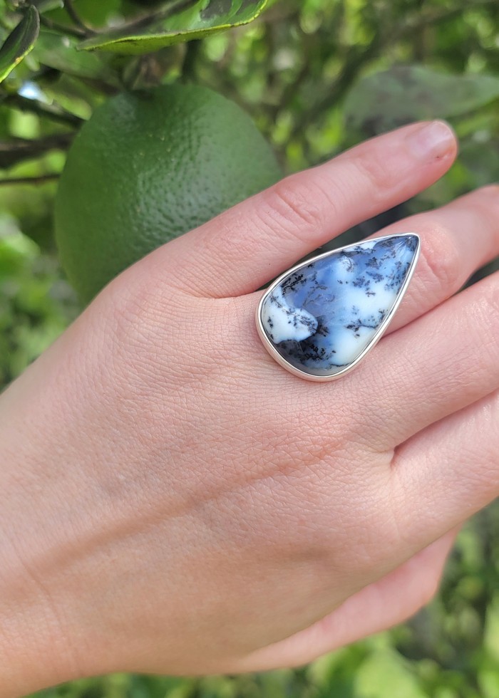 Top Quality Dendritic Agate .925 Sterling Silver handcrafted Ring s. 7 adjustable - Dendritic Agate ring in .925 Sterling Silver, worn on hand, fruit background.