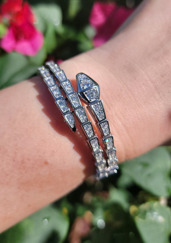 Precious Snake Genuine 55.5 carat White Topaz .925 Sterling Silver handcrafted spinal Bracelet - Precious Snake bracelet, close-up, worn on wrist, white topaz, sterling silver